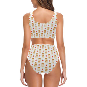 Pancake Pattern Print Design 02 Chest Bowknot High Waisted Bikini Swimsuit