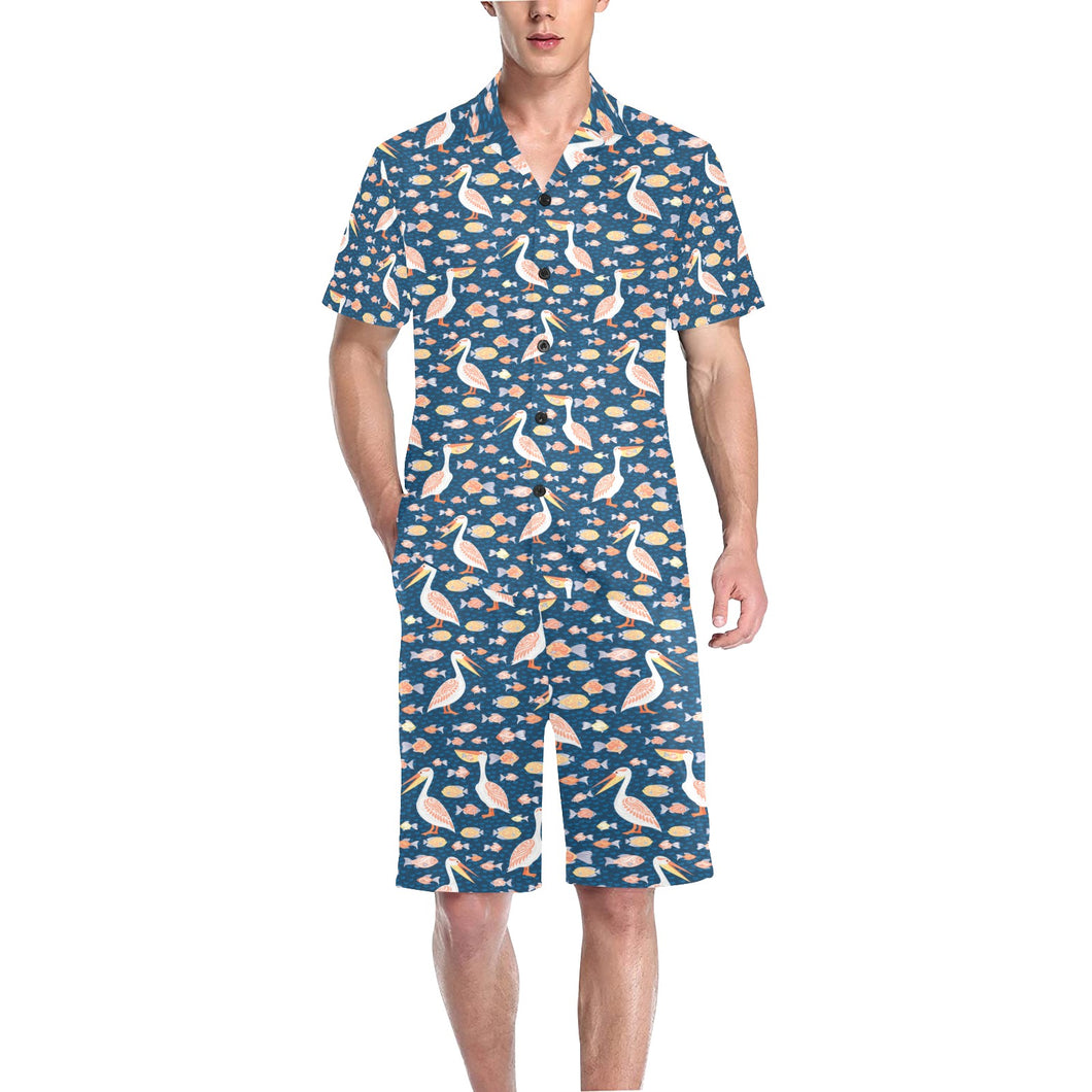 Pelican Pattern Print Design 01 Men's V-Neck Short Pajama Set