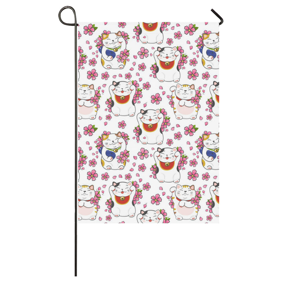 Meneki Neko Lucky Cat Sakura Flower Pattern House Flag Garden Flag