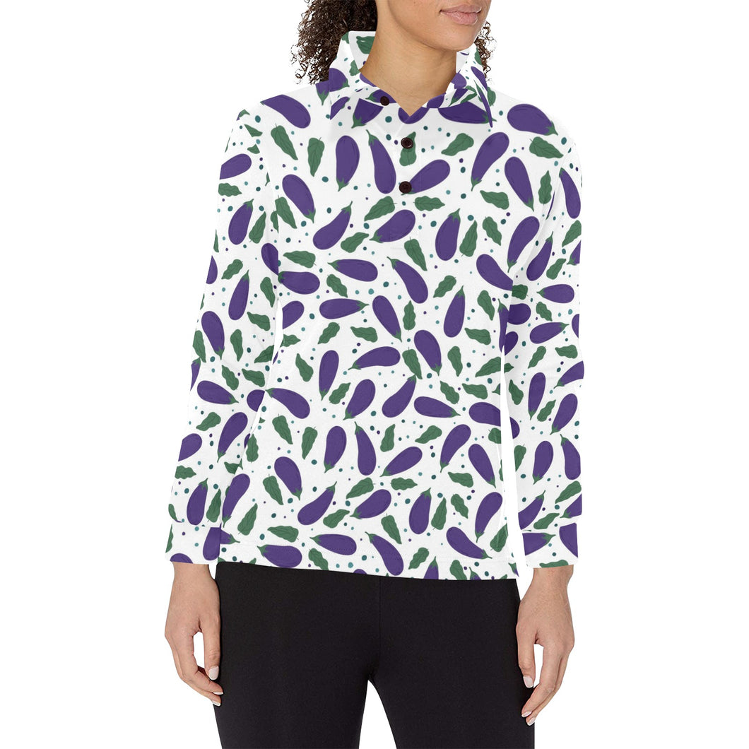 Eggplant Pattern Print Design 05 Women's Long Sleeve Polo Shirt