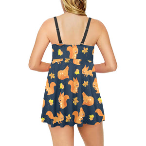 Squirrel Pattern Print Design 05 Chest Sexy Pleated Two Piece Swim Dress