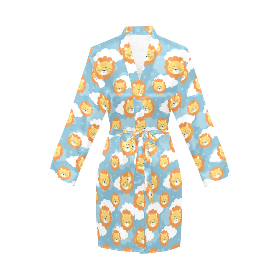 Lion Pattern Print Design 05 Women's Long Sleeve Belted Night Robe