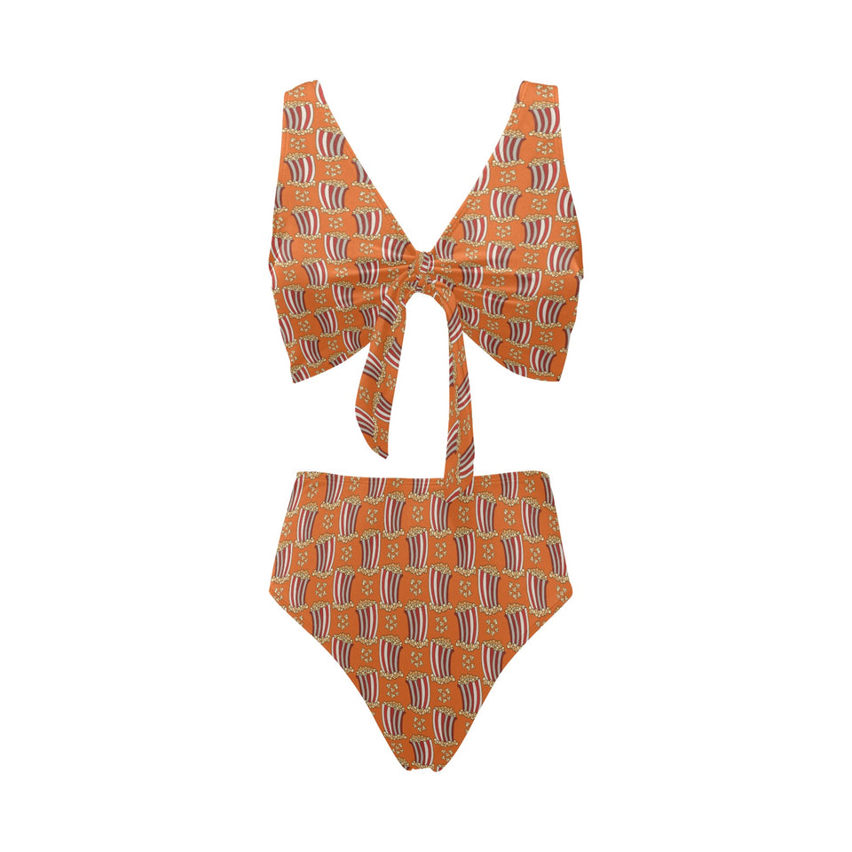 Popcorn Pattern Print Design 05 Chest Bowknot High Waisted Bikini Swimsuit