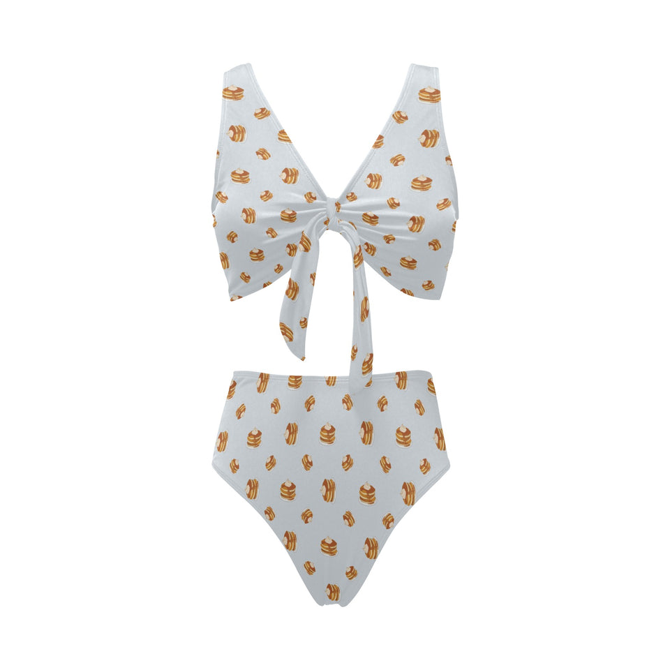 Pancake Pattern Print Design 03 Chest Bowknot High Waisted Bikini Swimsuit