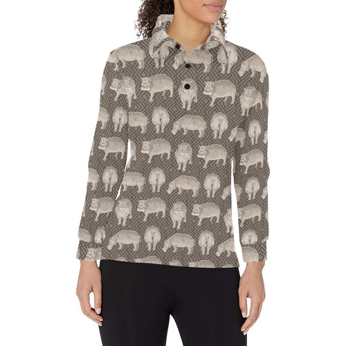 Hippopotamus Pattern Print Design 04 Women's Long Sleeve Polo Shirt