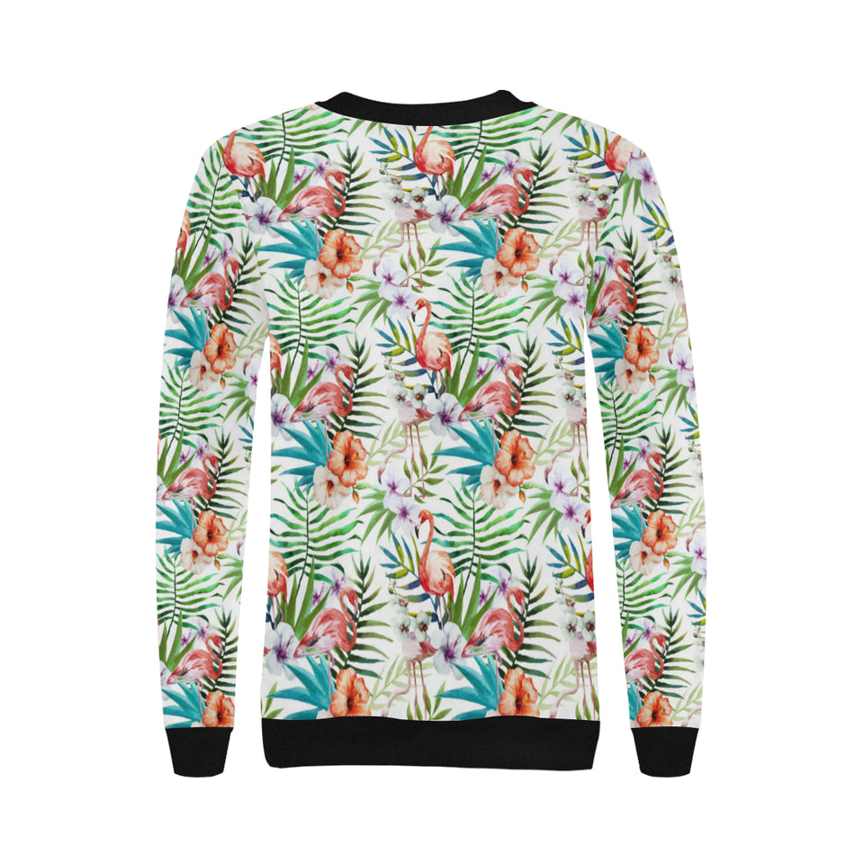Flamingo Flower Leaves Pattern Women's Crew Neck Sweatshirt