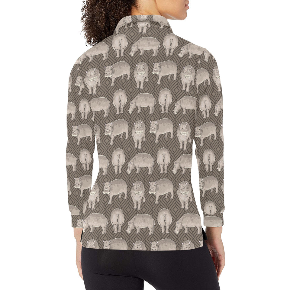 Hippopotamus Pattern Print Design 04 Women's Long Sleeve Polo Shirt