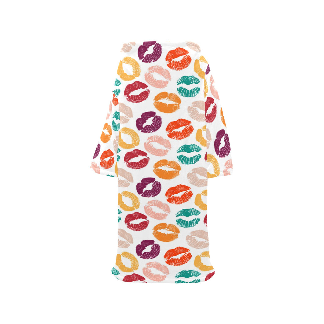 Lips Pattern Print Design 03 Blanket Robe with Sleeves