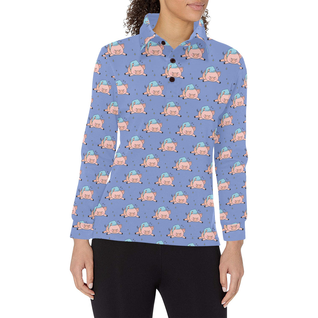 Pig Pattern Print Design 03 Women's Long Sleeve Polo Shirt