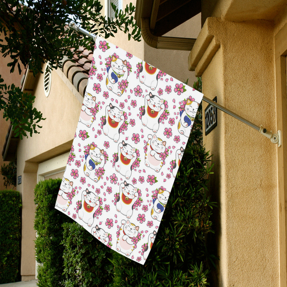 Meneki Neko Lucky Cat Sakura Flower Pattern House Flag Garden Flag