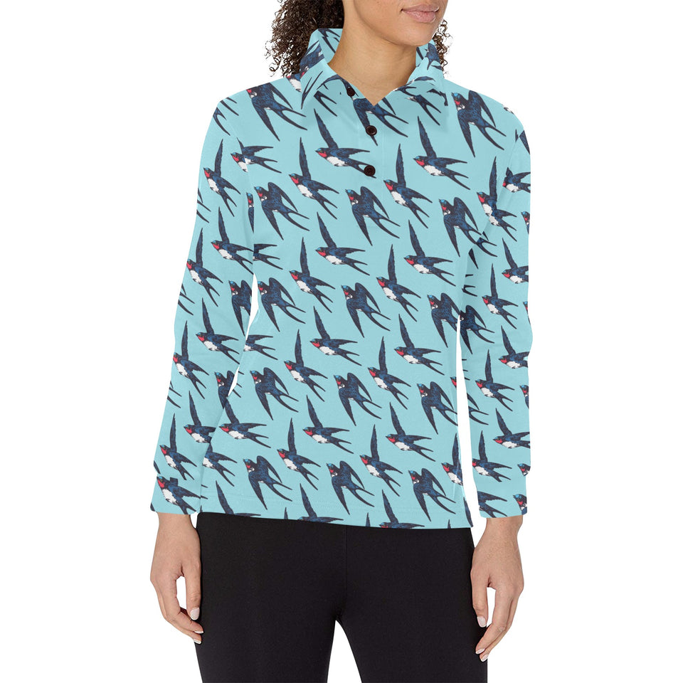 Swallow Pattern Print Design 01 Women's Long Sleeve Polo Shirt