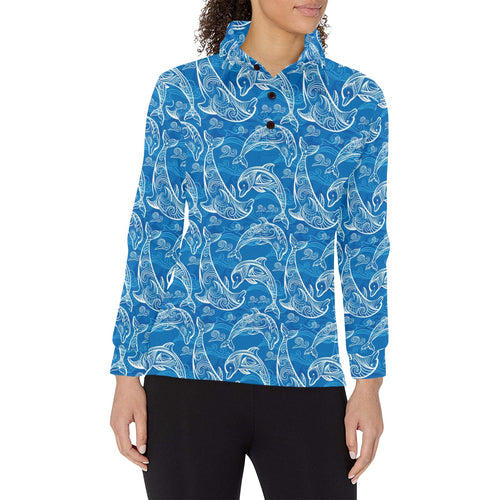 Dolphin Tribal Blue Pattern Women's Long Sleeve Polo Shirt