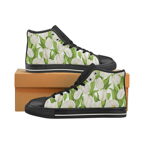 White Tulip Pattern Men's High Top Canvas Shoes Black