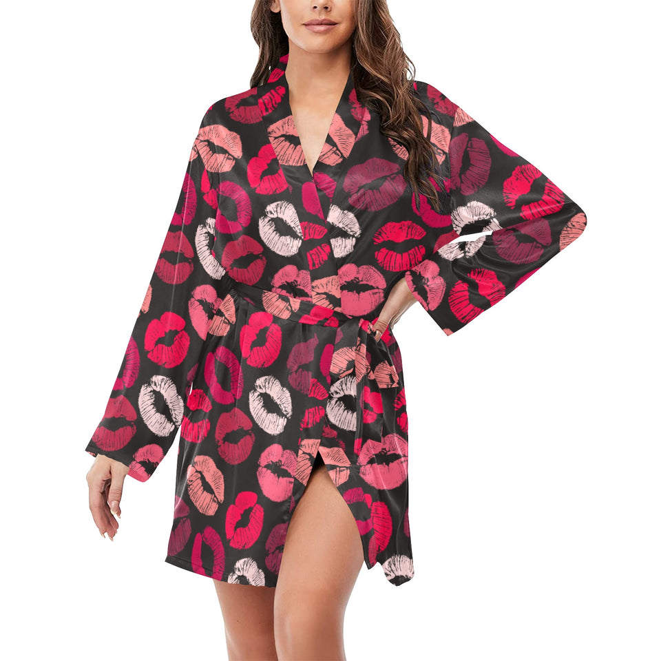 Lips Pattern Print Design 02 Women's Long Sleeve Belted Night Robe