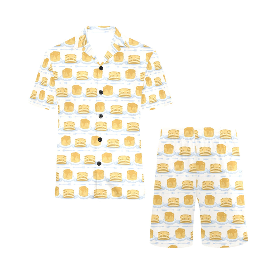 Pancake Pattern Print Design 01 Men's V-Neck Short Pajama Set