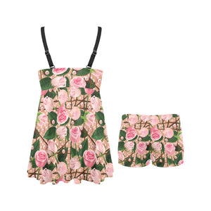 Rose Pattern Print Design 04 Chest Sexy Pleated Two Piece Swim Dress