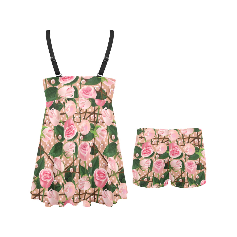 Rose Pattern Print Design 04 Chest Sexy Pleated Two Piece Swim Dress