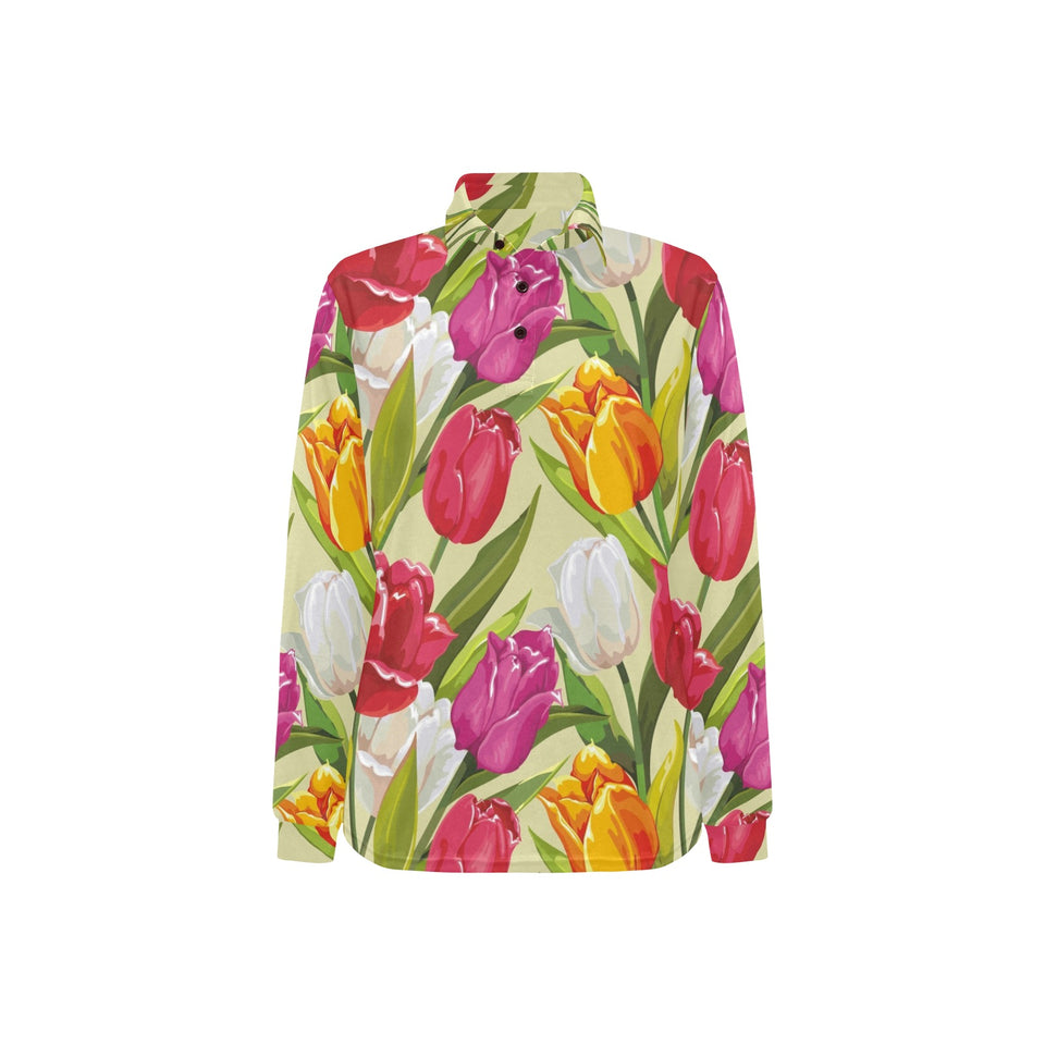 Colorful Tulip Pattern Women's Long Sleeve Polo Shirt