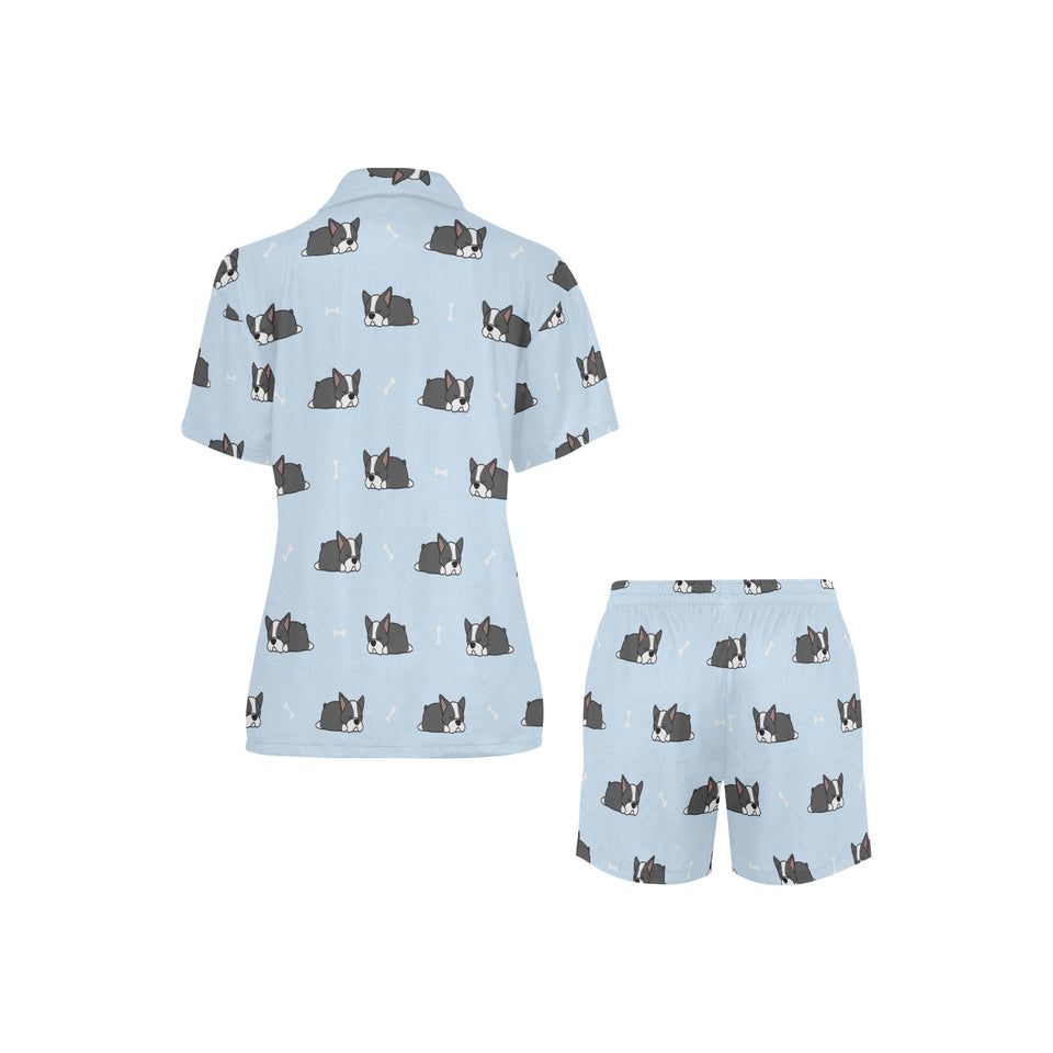 Sleep Boston Terrier Bone Pattern Women's V-Neck Short Pajama Set