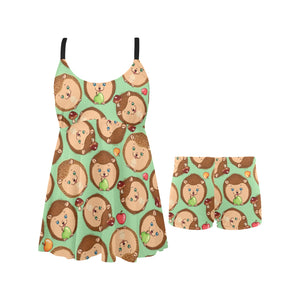 Hedgehog Pattern Print Design 01 Chest Sexy Pleated Two Piece Swim Dress