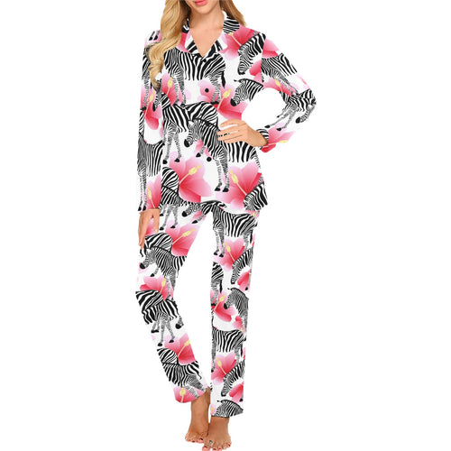 Zebra Red Hibiscus Pattern Women's Long Pajama Set