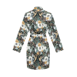 Hummingbird Pattern Print Design 05 Women's Long Sleeve Belted Night Robe