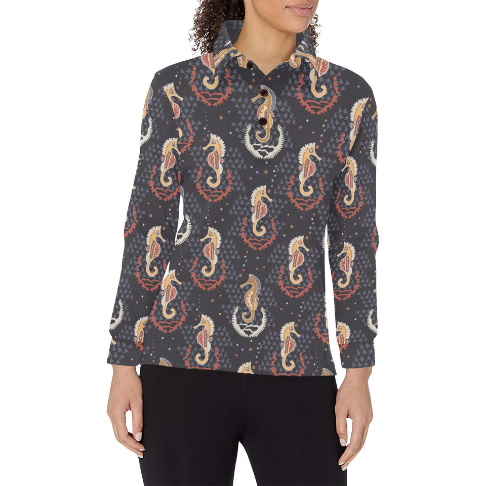 Seahorse Pattern Women's Long Sleeve Polo Shirt