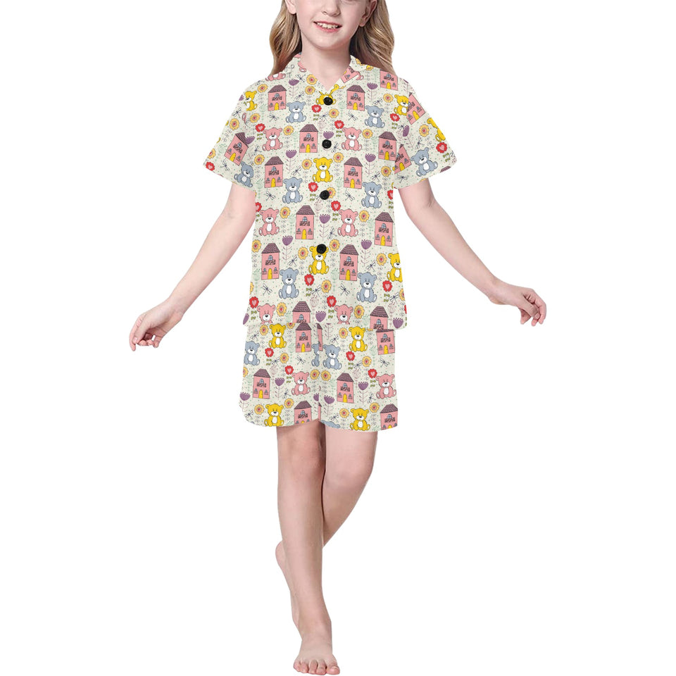 Teddy Bear Pattern Print Design 04 Kids' Boys' Girls' V-Neck Short Pajama Set