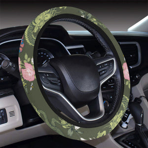 Green Dragon Rose Flower Pattern Car Steering Wheel Cover