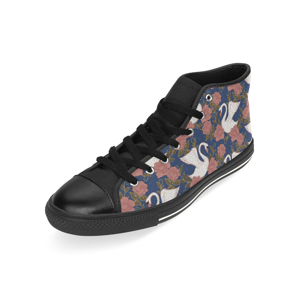 Swan Rose Pattern Men's High Top Canvas Shoes Black