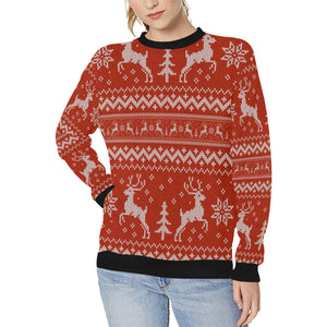 Deer Sweater Printed Red Pattern Women's Crew Neck Sweatshirt