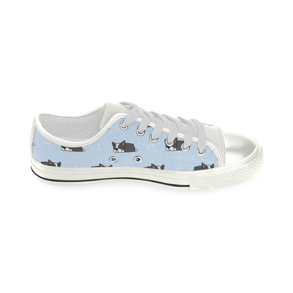 Sleep Boston Terrier Bone Pattern Women's Low Top Canvas Shoes White