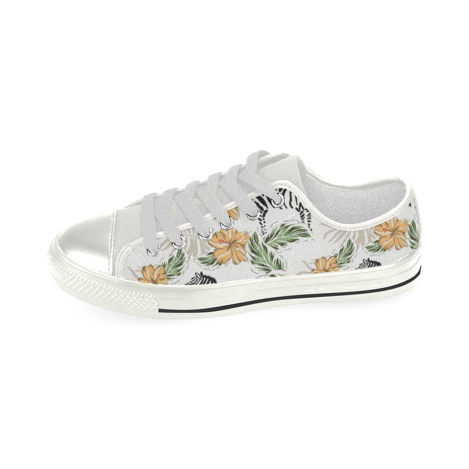 Zebra Hibiscus Pattern Women's Low Top Canvas Shoes White