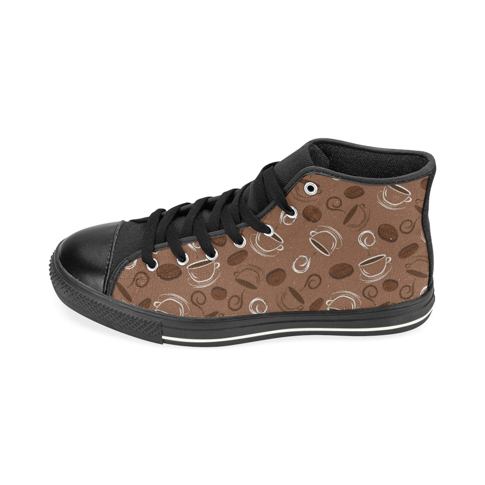 Coffee Cup and Coffe Bean Pattern Women's High Top Canvas Shoes Black