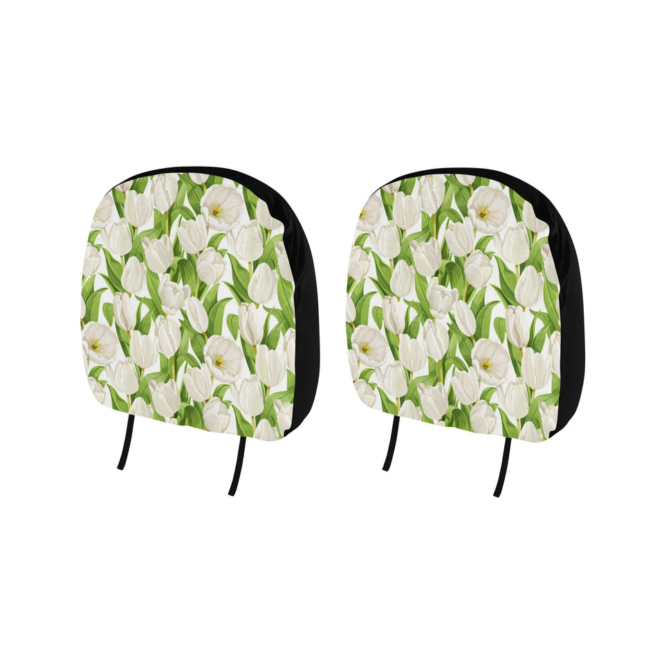 White Tulip Pattern Car Headrest Cover