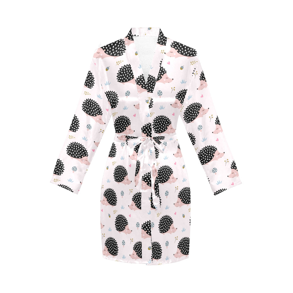 Hedgehog Pattern Print Design 04 Women's Long Sleeve Belted Night Robe