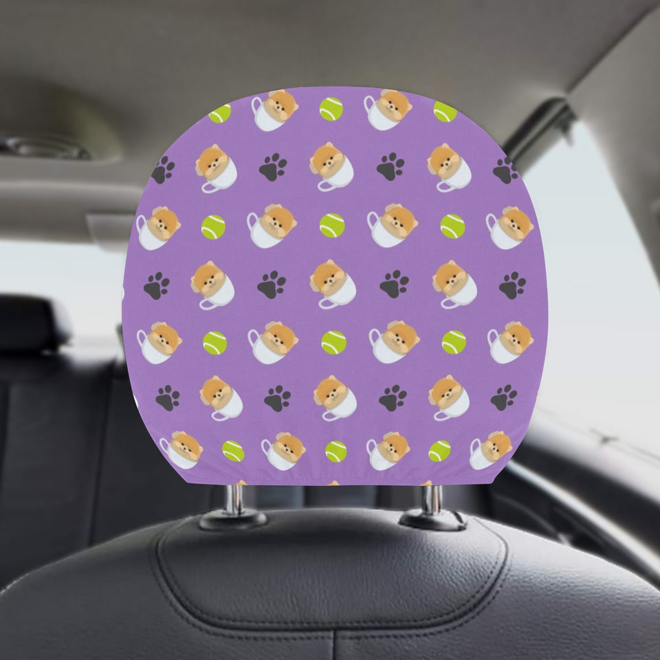 Pomeranian in Cup Pattern Car Headrest Cover