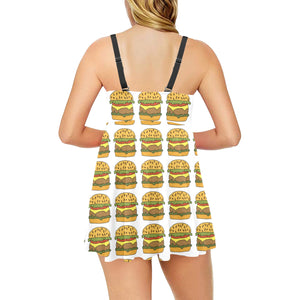 Hamburger Pattern Print Design 05 Chest Sexy Pleated Two Piece Swim Dress