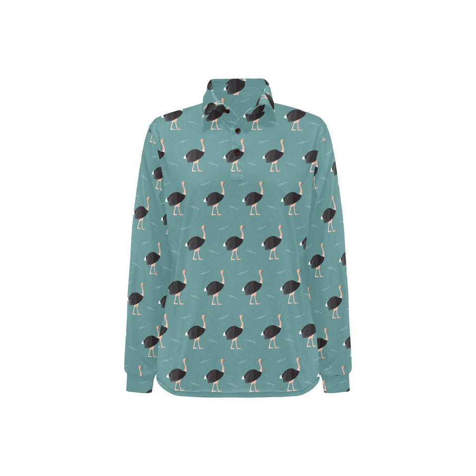 Ostrich Pattern Print Design 01 Women's Long Sleeve Polo Shirt