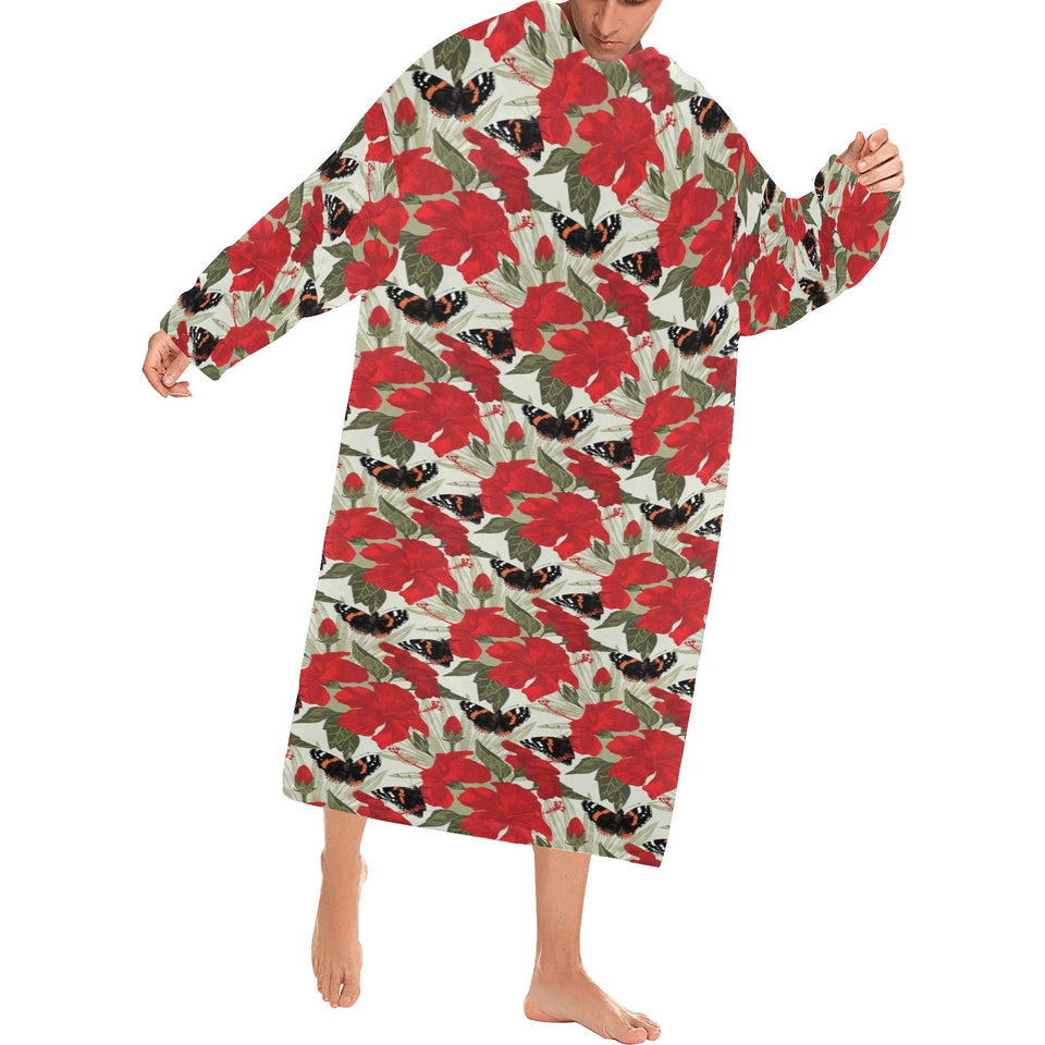 Hibiscus Pattern Print Design 04 Blanket Robe with Sleeves