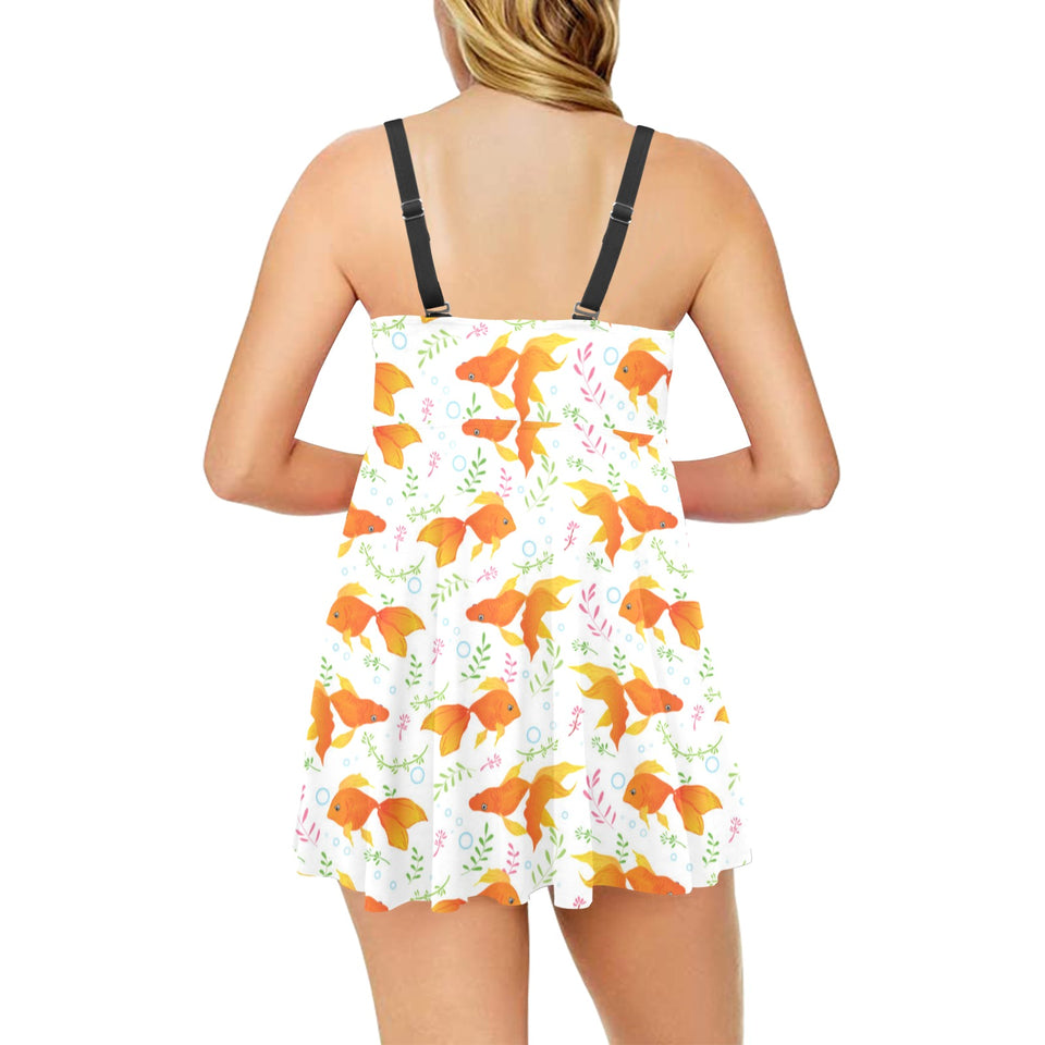 Goldfish Pattern Print Design 03 Chest Sexy Pleated Two Piece Swim Dress