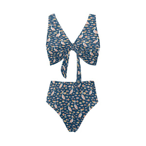 Pelican Pattern Print Design 01 Chest Bowknot High Waisted Bikini Swimsuit