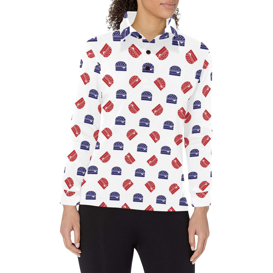 Hamburger Pattern Print Design 04 Women's Long Sleeve Polo Shirt