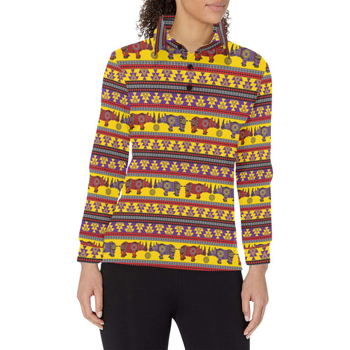 Rhino African Afro Dashiki Adinkra Kente Ethnic Mo Women's Long Sleeve Polo Shirt