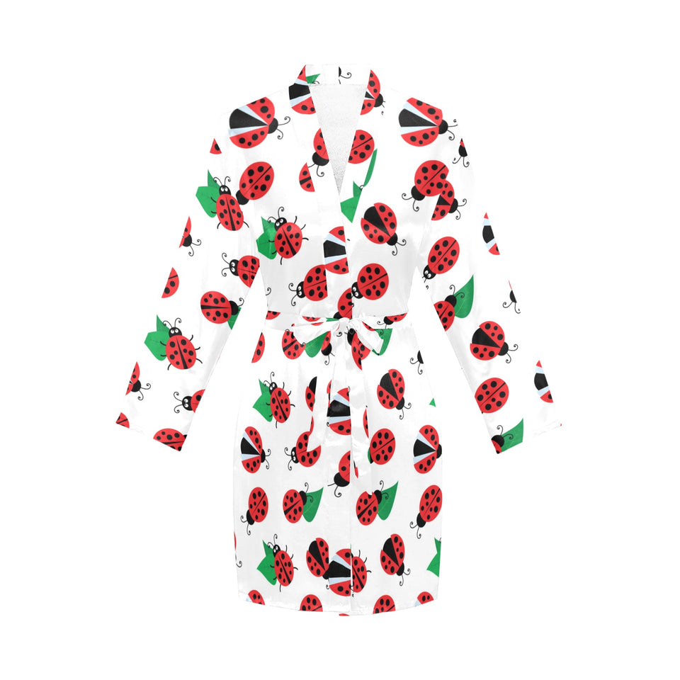 Ladybug Pattern Print Design 01 Women's Long Sleeve Belted Night Robe