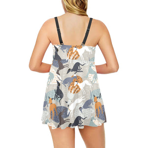 Greyhound Pattern Print Design 04 Chest Sexy Pleated Two Piece Swim Dress