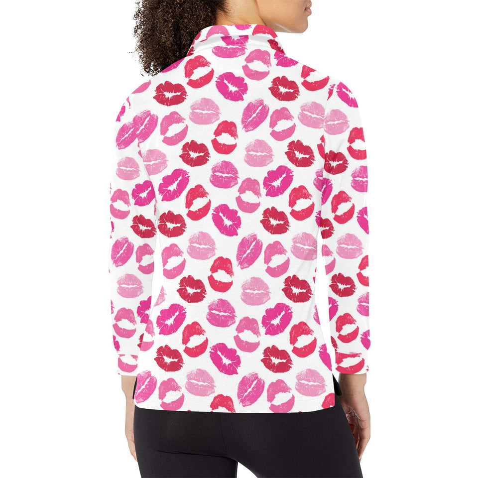 Lips Pattern Print Design 05 Women's Long Sleeve Polo Shirt