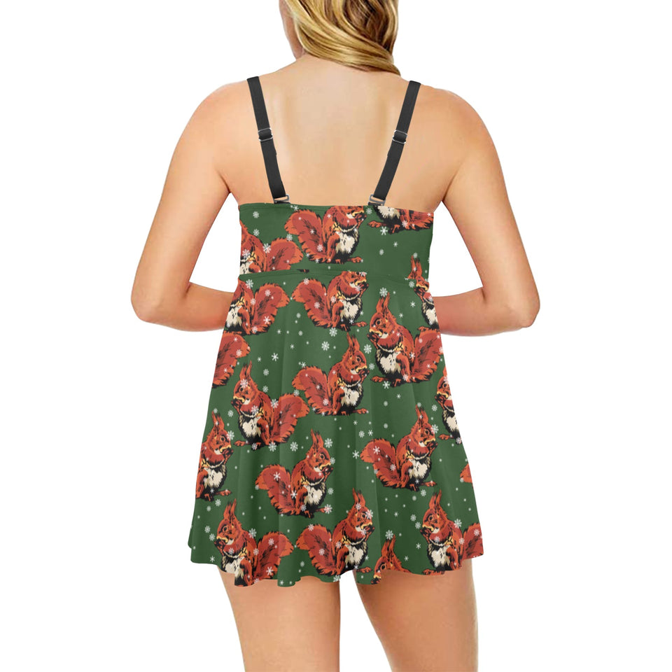 Squirrel Pattern Print Design 03 Chest Sexy Pleated Two Piece Swim Dress