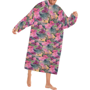 Hibiscus Pattern Print Design 03 Blanket Robe with Sleeves