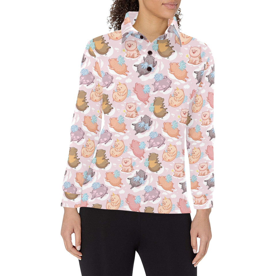 Pig Pattern Print Design 02 Women's Long Sleeve Polo Shirt